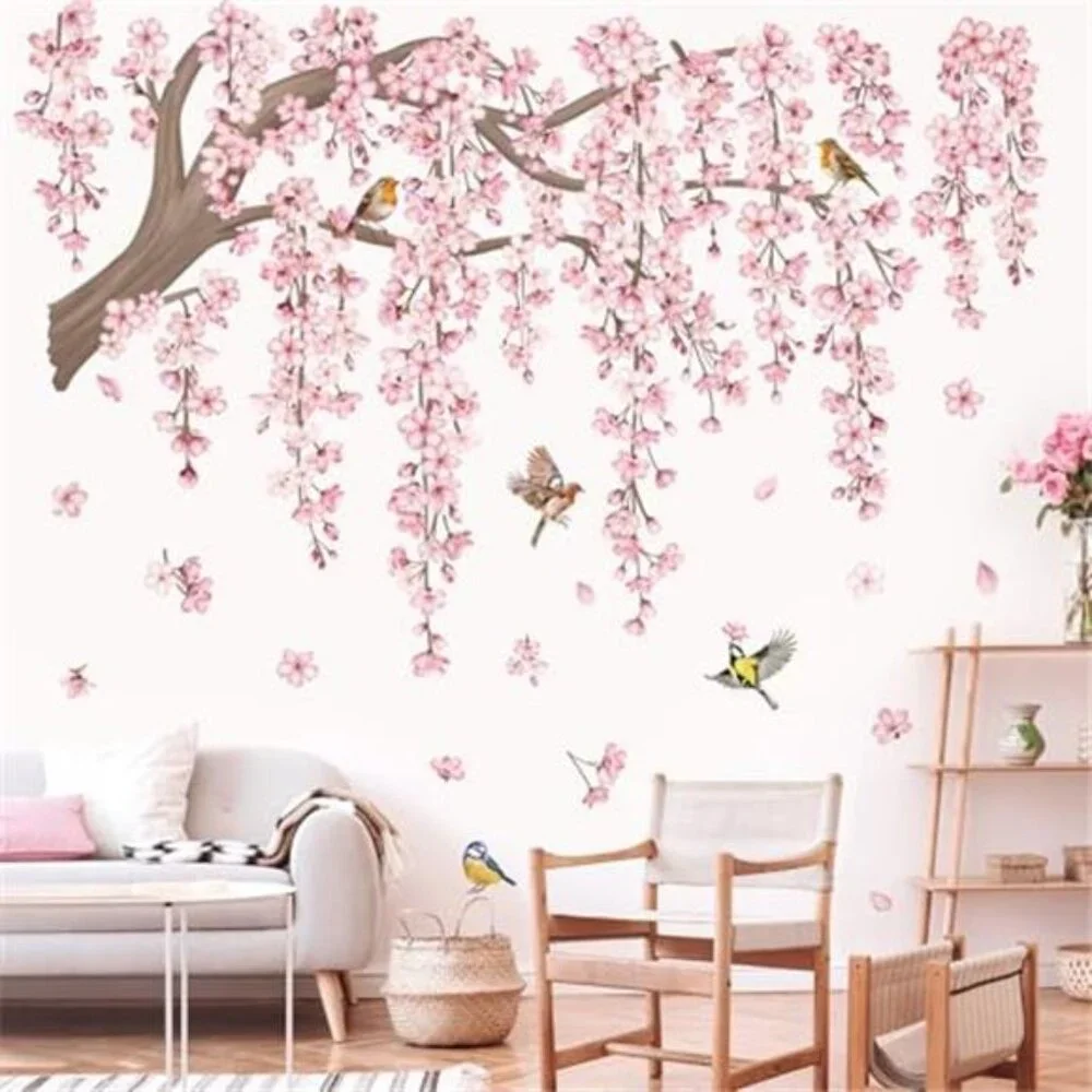 large pink cherry blossom tree wall decals floral birds wall stickers decor room